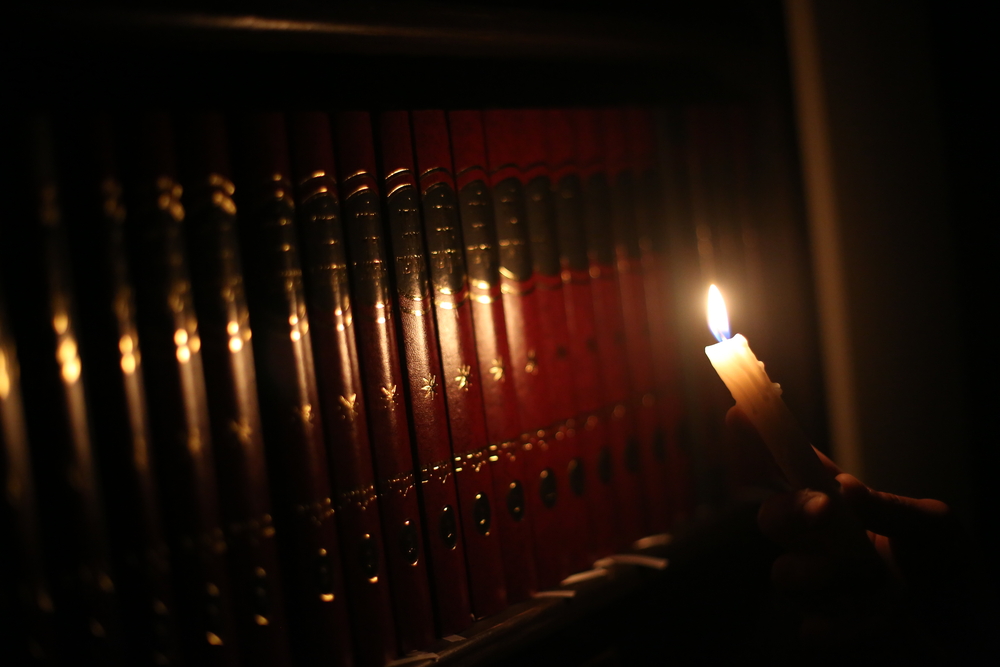 Searches bookshelf using candle for light, biur chametz search