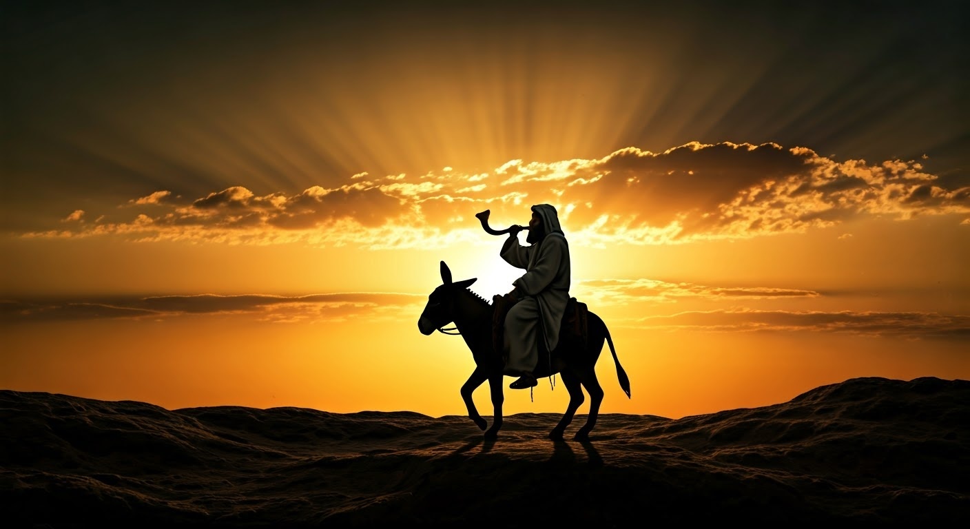 silhouette of Mashiach on a donkey in a sunset scene