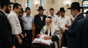 Traditional Jewish baby naming at a brit milah