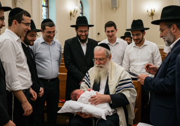 Traditional Jewish baby naming at a brit milah