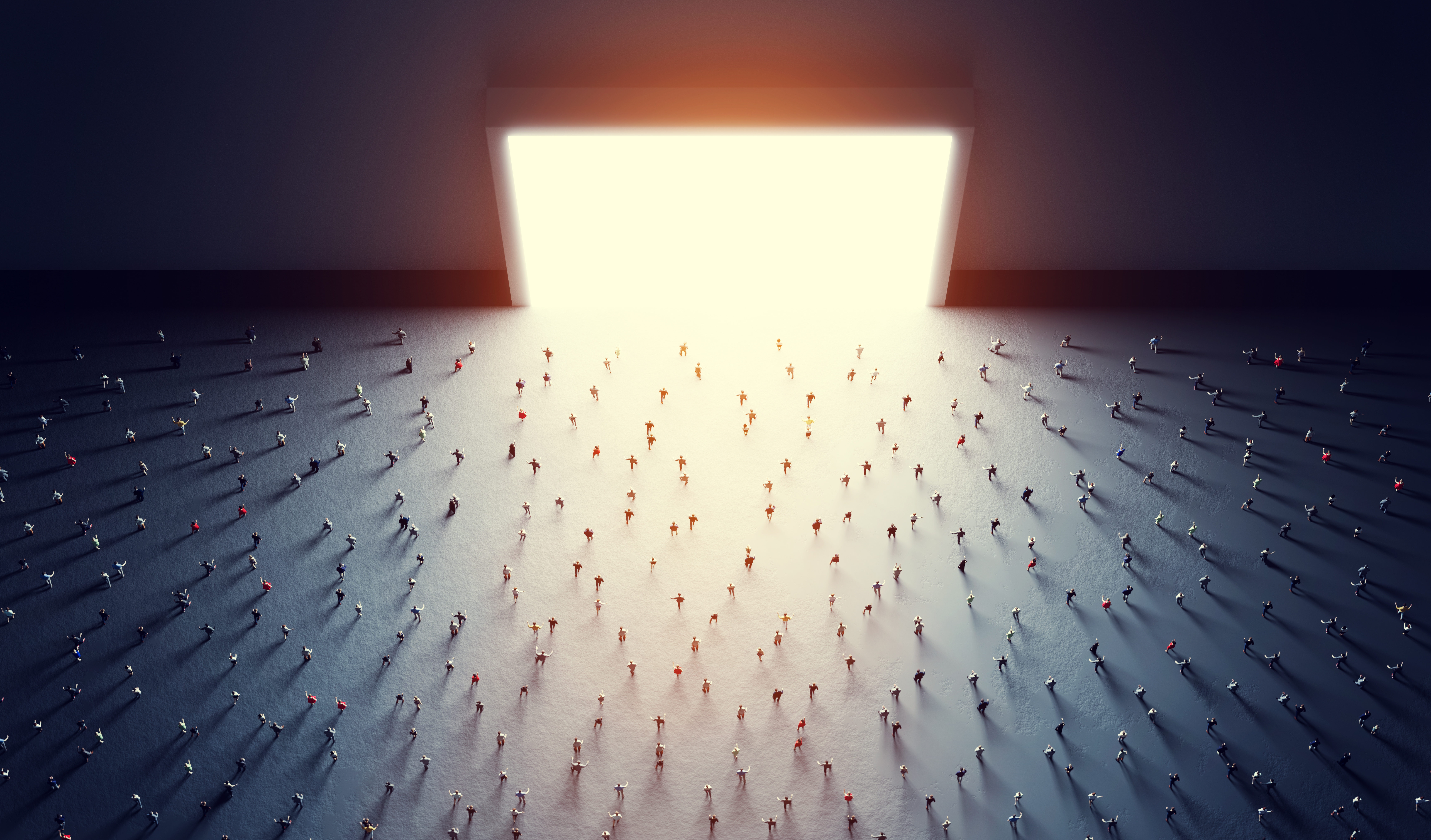 large group of people walking towards a light-filled doorway