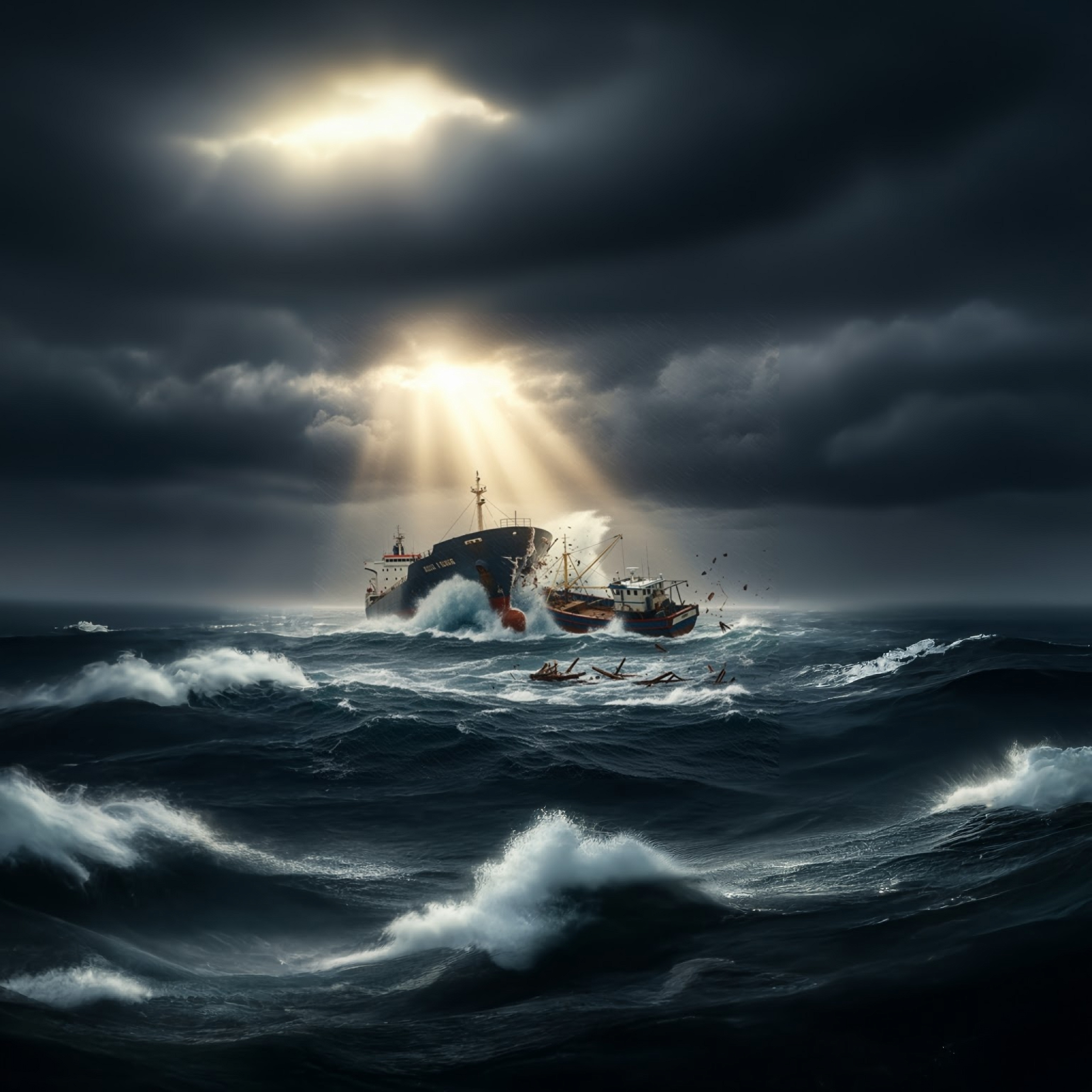 large and small ship colliding, praising God in the storm