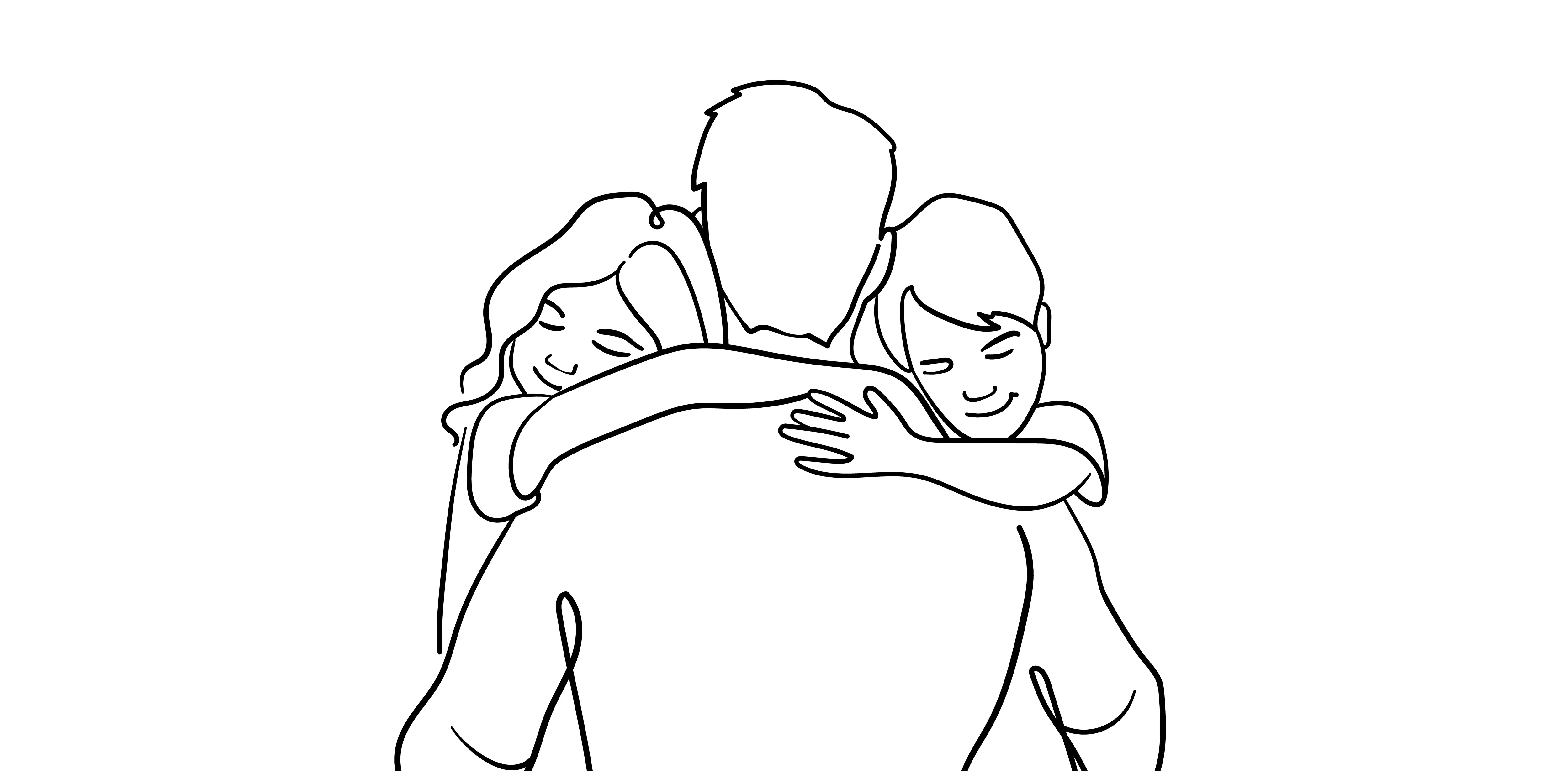 father embracing children