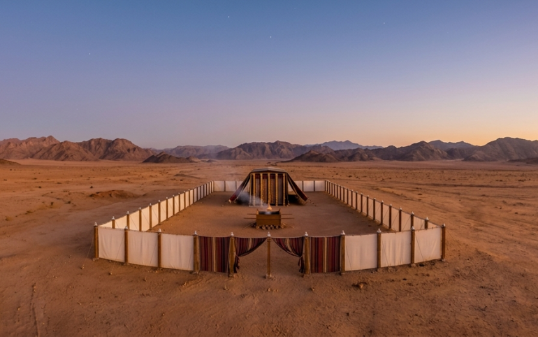 A wide panoramic view of the biblical Mishkan sanctuary layout in the open desert, illustrating how Hashem appreciates your effort in every quiet spiritual victory.