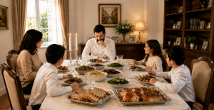Person reflecting before a meal, symbolizing self-control and the Torah's approach to physical pleasures.