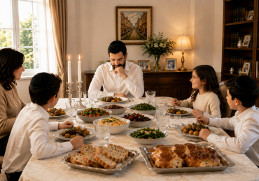 Person reflecting before a meal, symbolizing self-control and the Torah's approach to physical pleasures.