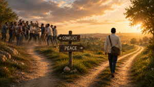 A man walks down a sunlit path toward peace while turning away from a group engaged in a heated argument at a fork in the road, symbolizing the choice to avoid machloket (conflict) and pursue harmony.