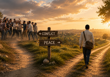 A man walks down a sunlit path toward peace while turning away from a group engaged in a heated argument at a fork in the road, symbolizing the choice to avoid machloket (conflict) and pursue harmony.