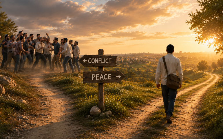 A man walks down a sunlit path toward peace while turning away from a group engaged in a heated argument at a fork in the road, symbolizing the choice to avoid machloket (conflict) and pursue harmony.