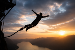 Silhouette of a person bungee jumping above a mountain valley at sunset, illustrating the theme of living life like a dream.