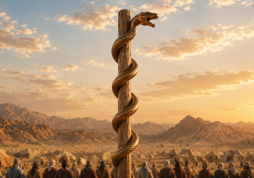 Bronze serpent wrapped around a wooden pole above the Israelite camp in the wilderness, symbolizing Hashem as the true source of healing.