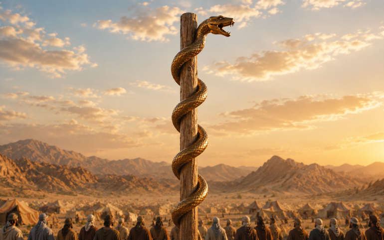 Bronze serpent wrapped around a wooden pole above the Israelite camp in the wilderness, symbolizing Hashem as the true source of healing.