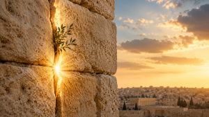 Ancient Jerusalem stone wall with golden light shining through a narrow crack, symbolizing hope and redemption during the Jewish Four Fasts.