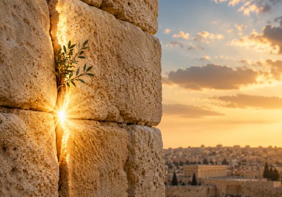 Ancient Jerusalem stone wall with golden light shining through a narrow crack, symbolizing hope and redemption during the Jewish Four Fasts.