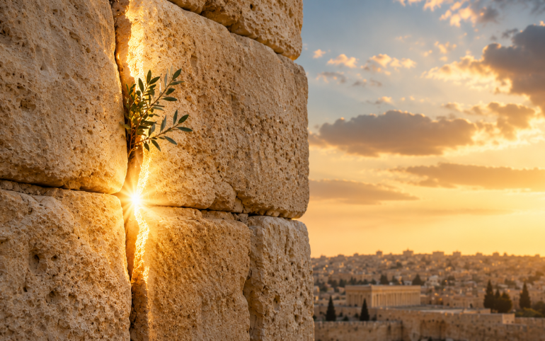 Ancient Jerusalem stone wall with golden light shining through a narrow crack, symbolizing hope and redemption during the Jewish Four Fasts.