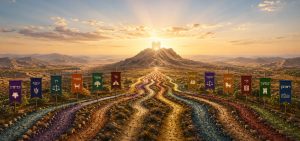Symbols of the 12 Tribes of Israel represented by twelve paths converging at Mount Sinai.