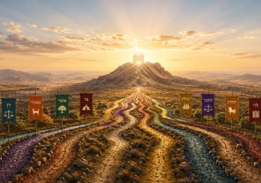 Symbols of the 12 Tribes of Israel represented by twelve paths converging at Mount Sinai.