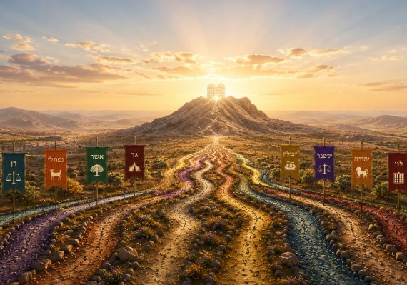 Symbols of the 12 Tribes of Israel represented by twelve paths converging at Mount Sinai.