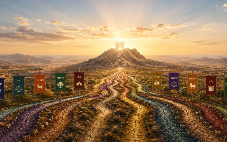 Symbols of the 12 Tribes of Israel represented by twelve paths converging at Mount Sinai.