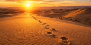 Footprints stretching across the desert, symbolizing the 42 journeys of the Jewish People in Parashat Masei.