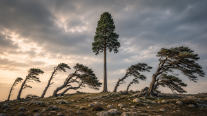 Tall, upright tree standing among wind-bent trees, symbolizing integrity and upright character.