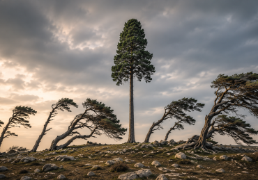 Tall, upright tree standing among wind-bent trees, symbolizing integrity and upright character.