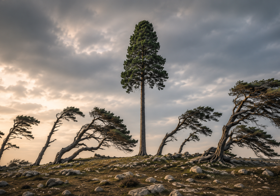 Tall, upright tree standing among wind-bent trees, symbolizing integrity and upright character.