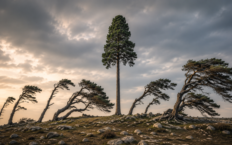 Tall, upright tree standing among wind-bent trees, symbolizing integrity and upright character.