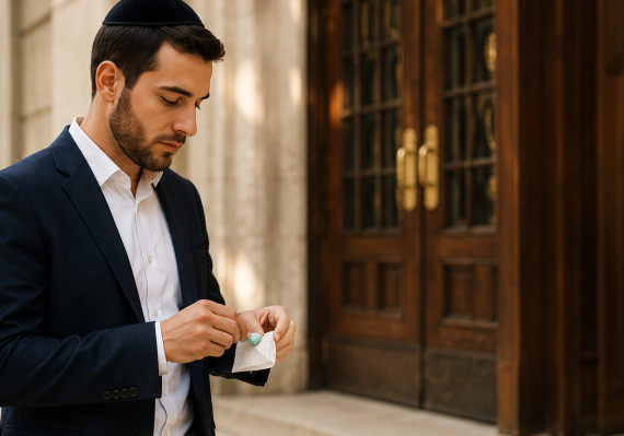 Person discreetly putting away chewing gum as a symbol of Jewish dignity and refinement.
