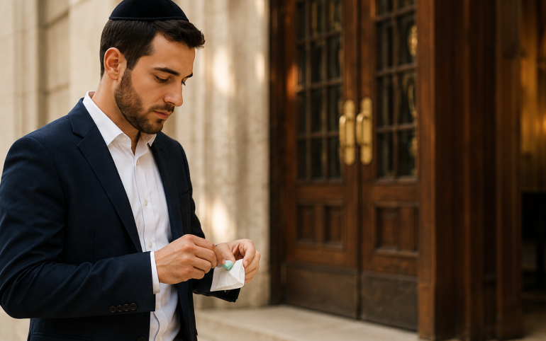 Person discreetly putting away chewing gum as a symbol of Jewish dignity and refinement.
