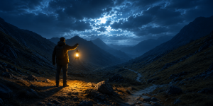 A lone traveler carrying a lantern through the darkness, illustrating why God is hidden and the search for His presence.