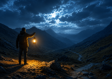 A lone traveler carrying a lantern through the darkness, illustrating why God is hidden and the search for His presence.