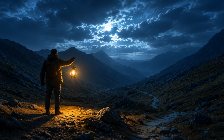A lone traveler carrying a lantern through the darkness, illustrating why God is hidden and the search for His presence.