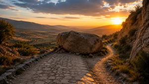 Ancient road blocked by a massive boulder with a narrow path leading around it, symbolizing trusting God when life doesn't go as planned.