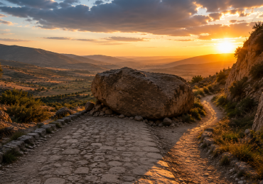 Ancient road blocked by a massive boulder with a narrow path leading around it, symbolizing trusting God when life doesn't go as planned.