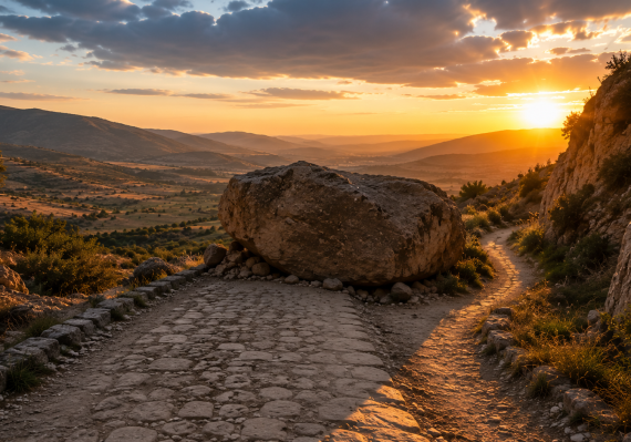 Ancient road blocked by a massive boulder with a narrow path leading around it, symbolizing trusting God when life doesn't go as planned.