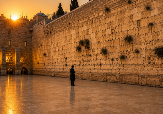 Person praying at the Kotel during the Three Weeks, expressing longing for the return of the Shechinah and greater K'vod Shamayim.