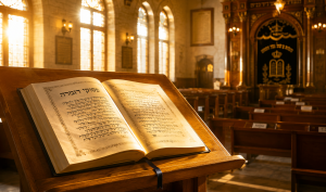 Open siddur displaying Pesukei DeZimrah on a shtender in a quiet synagogue, illuminated by warm morning light before Shacharit prayer.