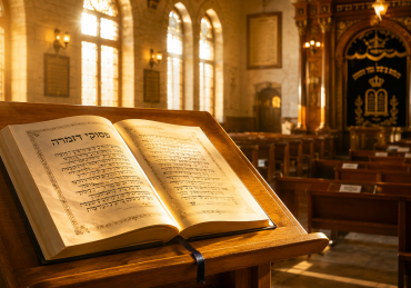 Open siddur displaying Pesukei DeZimrah on a shtender in a quiet synagogue, illuminated by warm morning light before Shacharit prayer.