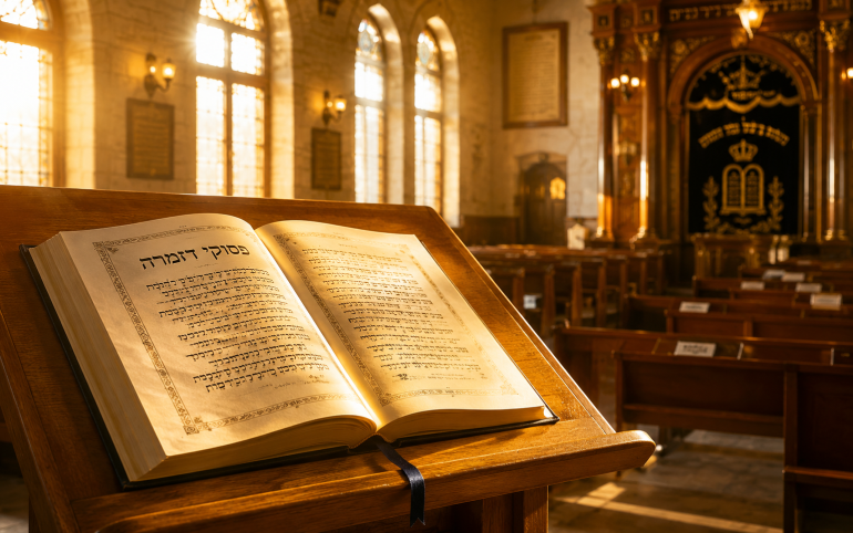 Open siddur displaying Pesukei DeZimrah on a shtender in a quiet synagogue, illuminated by warm morning light before Shacharit prayer.