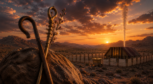 Moshe's shepherd's staff and Aharon's blossoming staff overlooking the Mishkan at sunset, symbolizing two complementary styles of Jewish leadership.