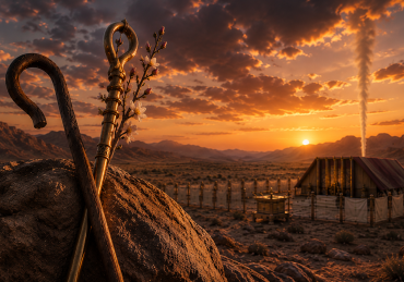 Moshe's shepherd's staff and Aharon's blossoming staff overlooking the Mishkan at sunset, symbolizing two complementary styles of Jewish leadership.