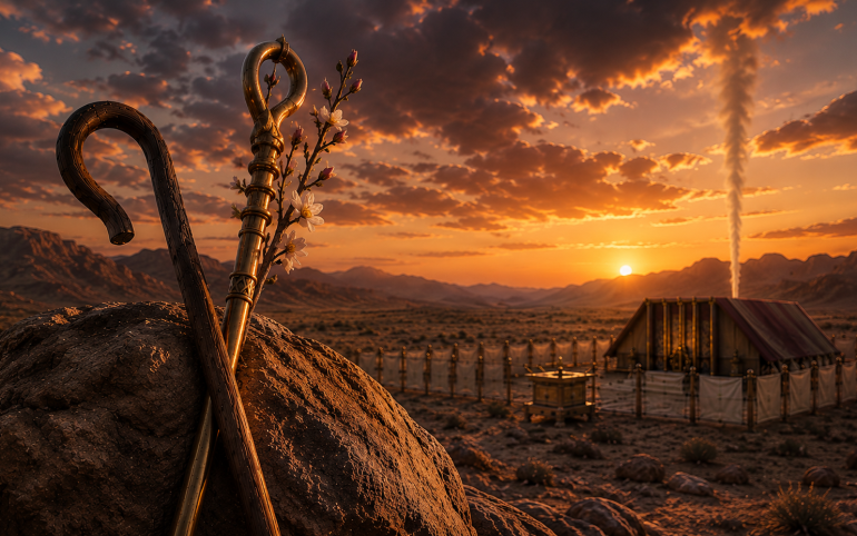 Moshe's shepherd's staff and Aharon's blossoming staff overlooking the Mishkan at sunset, symbolizing two complementary styles of Jewish leadership.