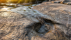 Water slowly carving a hole through solid rock, symbolizing persistence as the key to greatness in Parashat Pinchas.