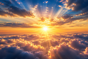 Golden sunrise above the clouds representing the soul's peaceful return to Hashem through misas neshikah. the kiss of death.