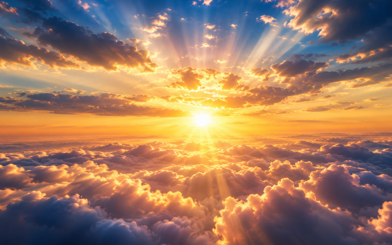 Golden sunrise above the clouds representing the soul's peaceful return to Hashem through misas neshikah. the kiss of death.