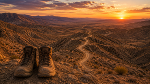 A pair of hiking boots overlooking a winding desert trail representing remembering Hashem's guidance throughout life's journey.