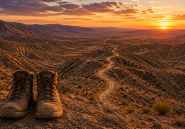 A pair of hiking boots overlooking a winding desert trail representing remembering Hashem's guidance throughout life's journey.
