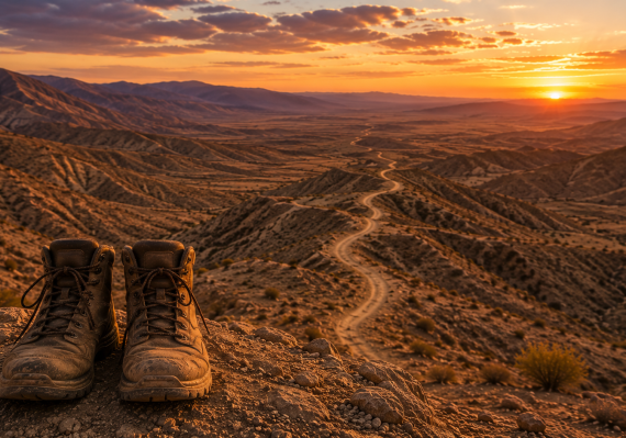 A pair of hiking boots overlooking a winding desert trail representing remembering Hashem's guidance throughout life's journey.