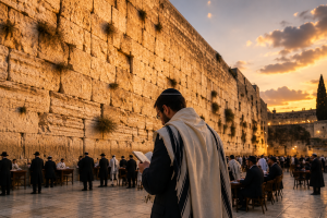 Person praying at the Western Wall (Kotel) as evening light illuminates the ancient stones.